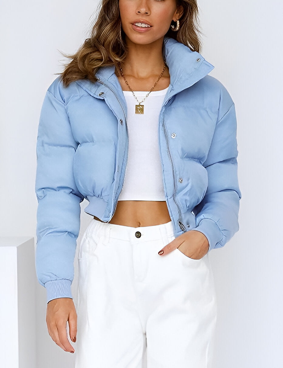 Damen Kurze Gesteppte Pufferjacke mit breitem Kragen Druckknöpfen und gerippten Bündchen