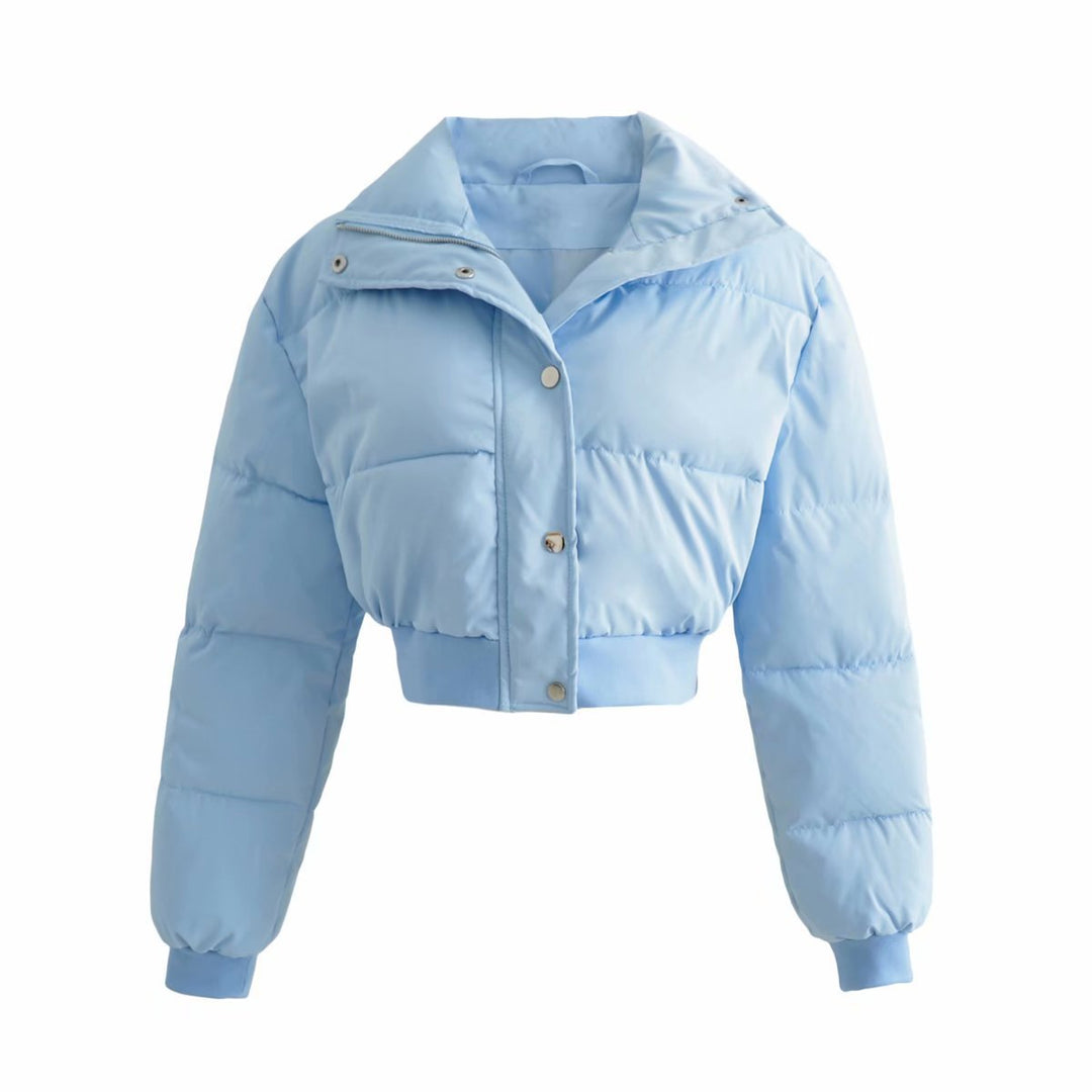 Damen Kurze Gesteppte Pufferjacke mit breitem Kragen Druckknöpfen und gerippten Bündchen