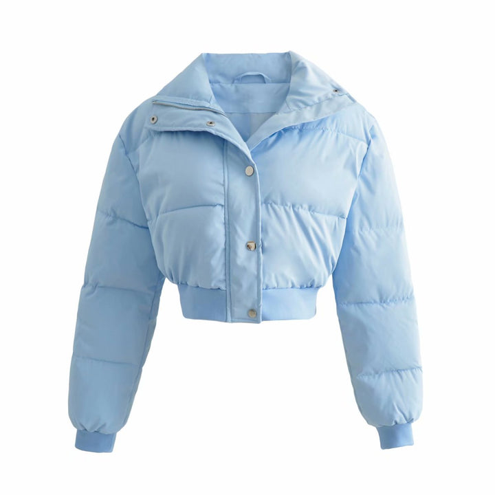 Damen Kurze Gesteppte Pufferjacke mit breitem Kragen Druckknöpfen und gerippten Bündchen