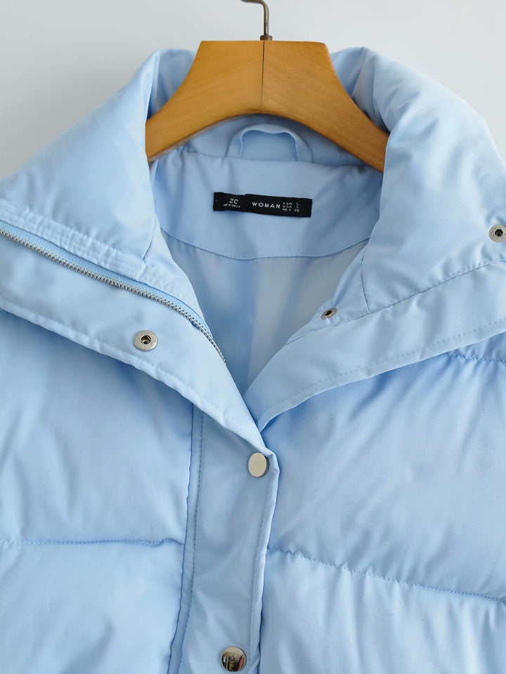 Damen Kurze Gesteppte Pufferjacke mit breitem Kragen Druckknöpfen und gerippten Bündchen