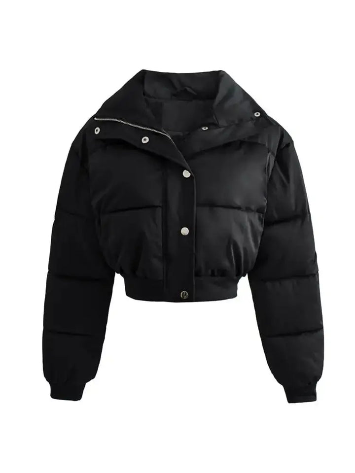 Damen Kurze Gesteppte Pufferjacke mit breitem Kragen Druckknöpfen und gerippten Bündchen