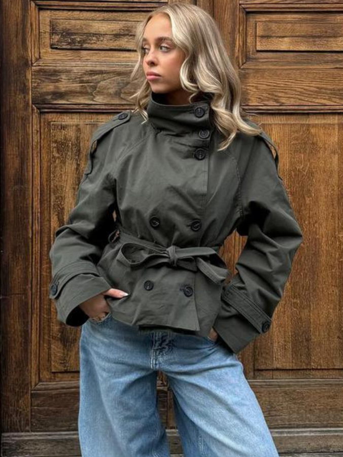 Damen kurze jacke mit bindegürtel und doppelreiher knopfleiste
