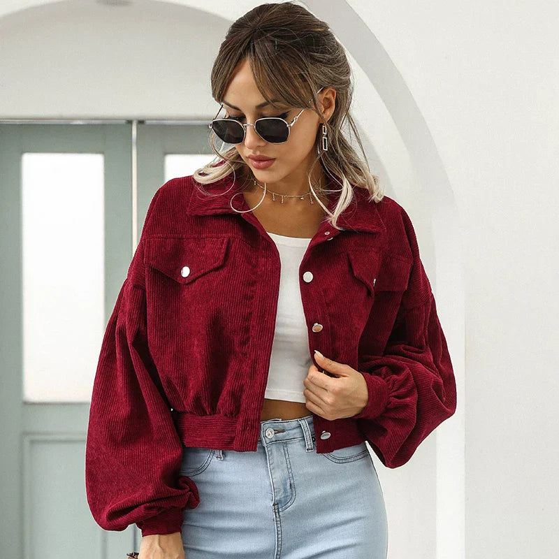 Damen Kurze Jacke mit Knopfleiste Kragen Brusttaschen und Langen Ärmeln