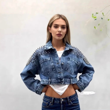 Damen Kurze Jeansjacke mit Nieten an den Schultern-Women Jackets-Alpenkind
