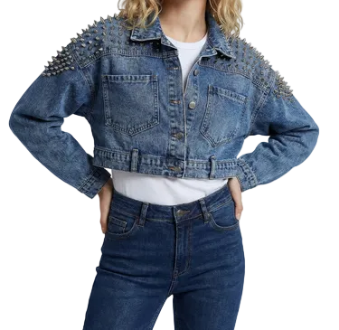 Damen Kurze Jeansjacke mit Nieten an den Schultern-Women Jackets-Alpenkind
