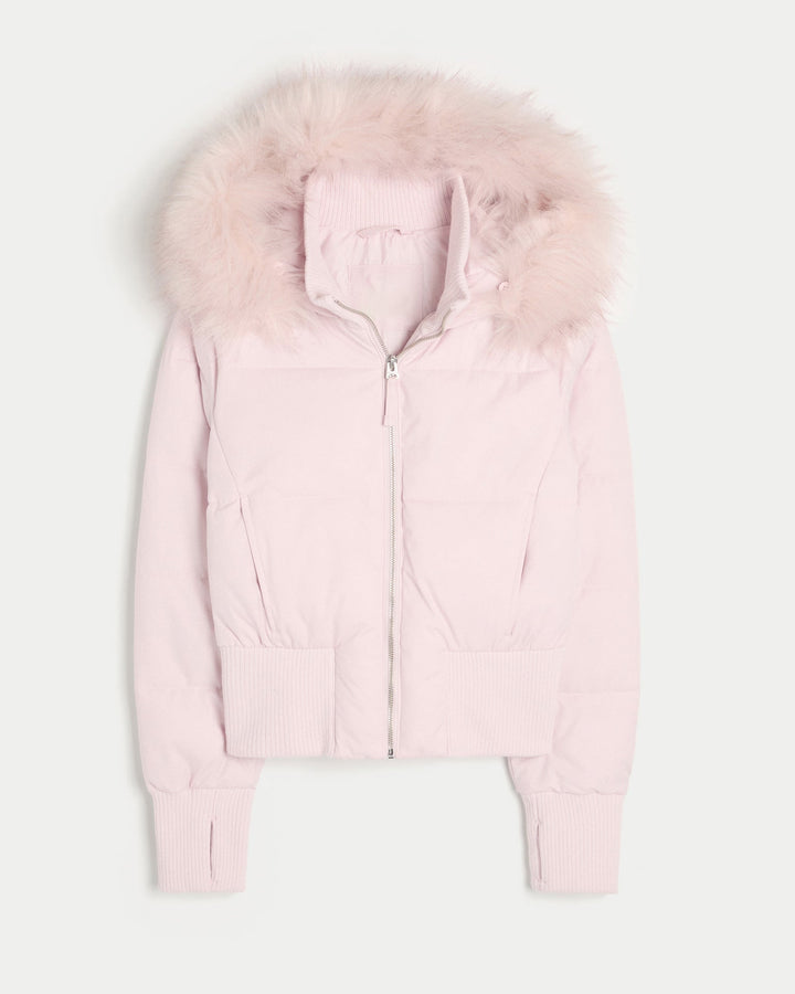 Damen Kurze Steppjacke mit Fellkapuze Frontreißverschluss und langen Ärmeln