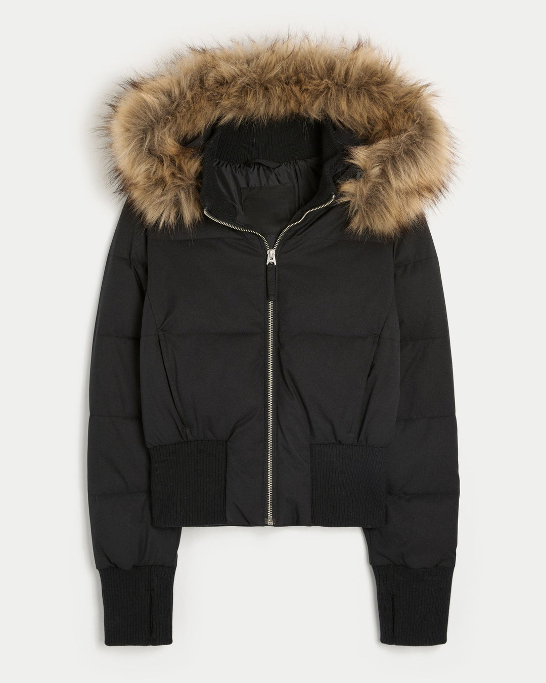Damen Kurze Steppjacke mit Fellkapuze Frontreißverschluss und langen Ärmeln