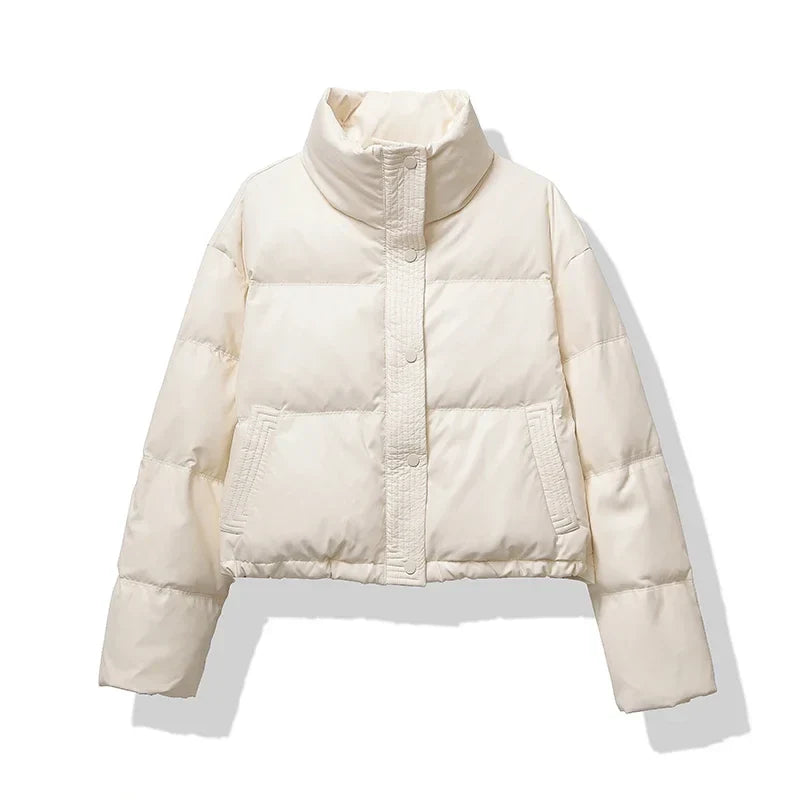 Damen Kurze Steppjacke mit Stehkragen Druckknopfleiste und Eingrifftaschen