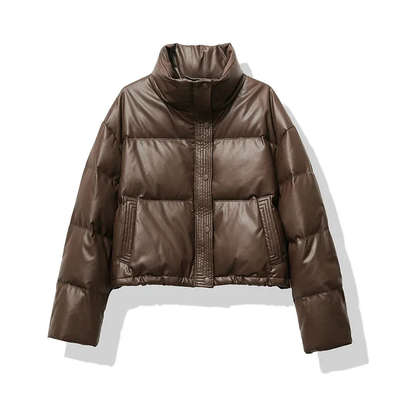 Damen Kurze Steppjacke mit Stehkragen Druckknopfleiste und Eingrifftaschen