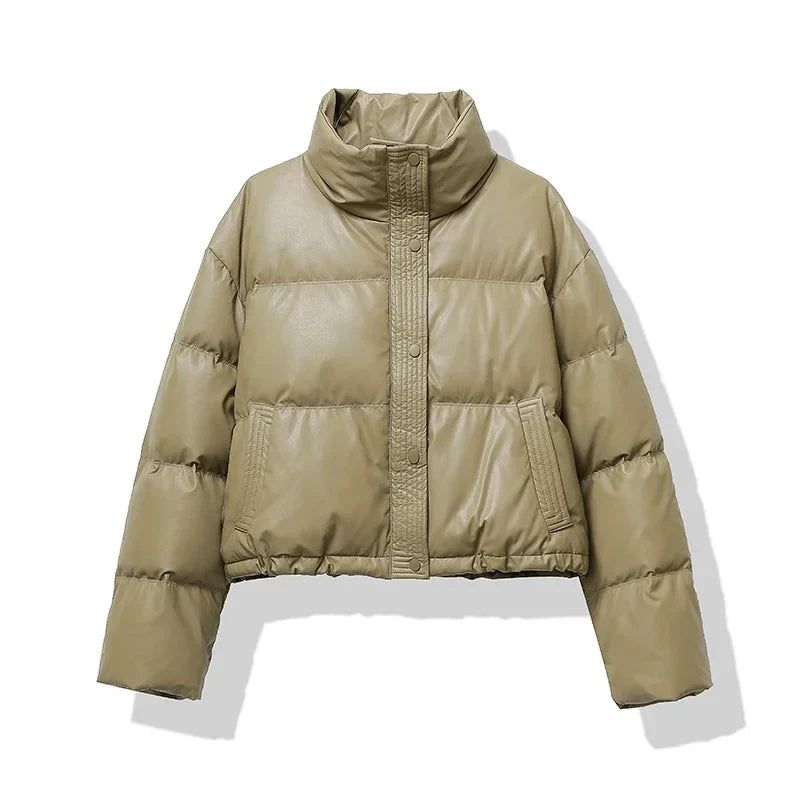 Damen Kurze Steppjacke mit Stehkragen Druckknopfleiste und Eingrifftaschen