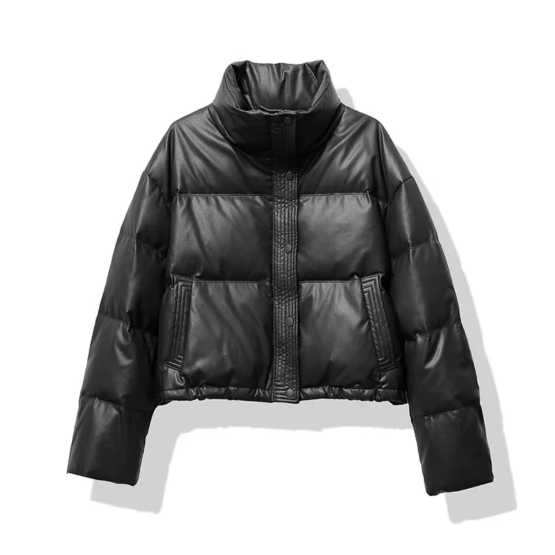 Damen Kurze Steppjacke mit Stehkragen Druckknopfleiste und Eingrifftaschen