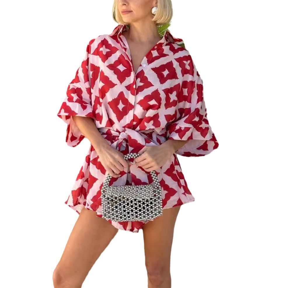 Damen Kurzkleid in Wickeloptik mit Kragen, Knopfleiste und Taillenband-Mini Dress-Alpenkind