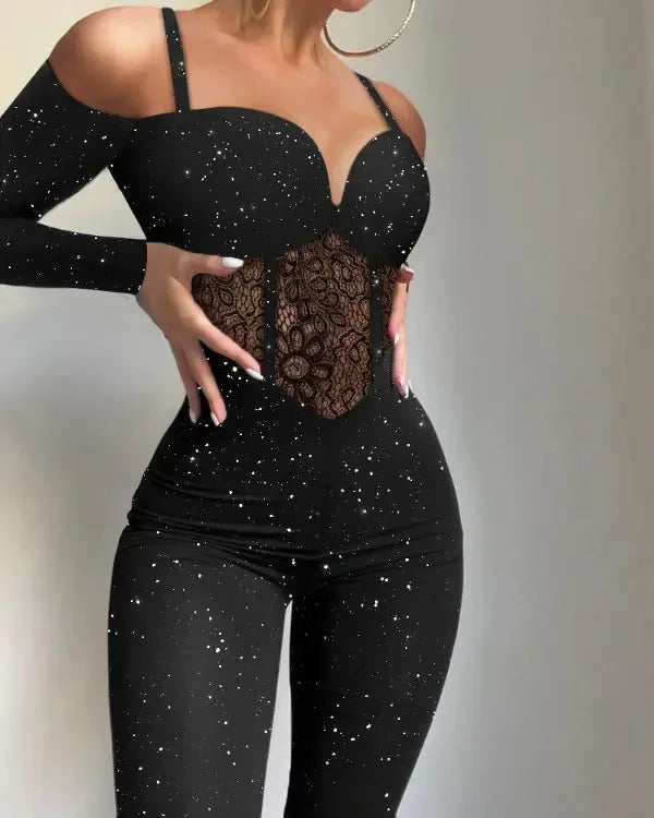Damen Langärmliger Glitzer-Jumpsuit mit Herzausschnitt Spitzeneinsatz und Cold-Shoulder-Ärmeln