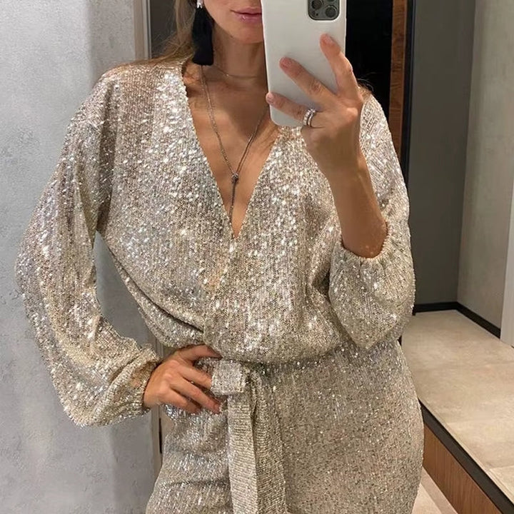 Damen Langärmliger Pailletten-Jumpsuit mit tiefem V-Ausschnitt und Bindegürtel