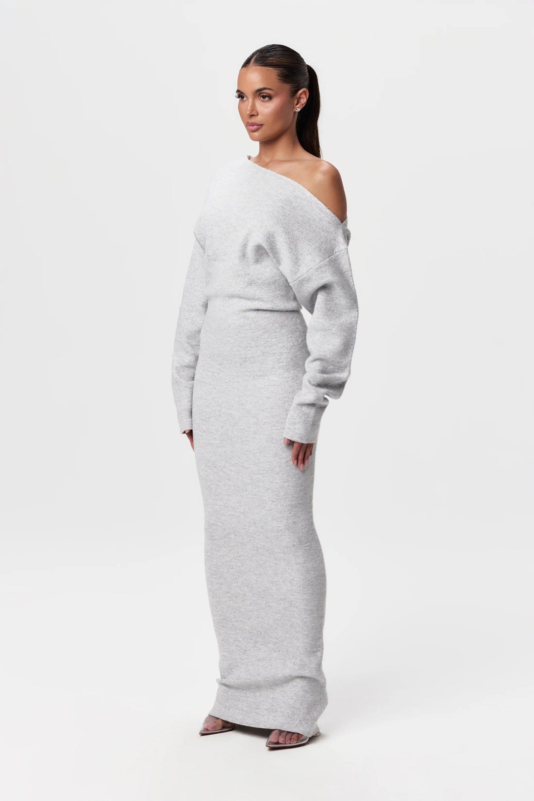 Damen Langärmliges Strick-Maxikleid mit Asymmetrischem Schulterausschnitt
