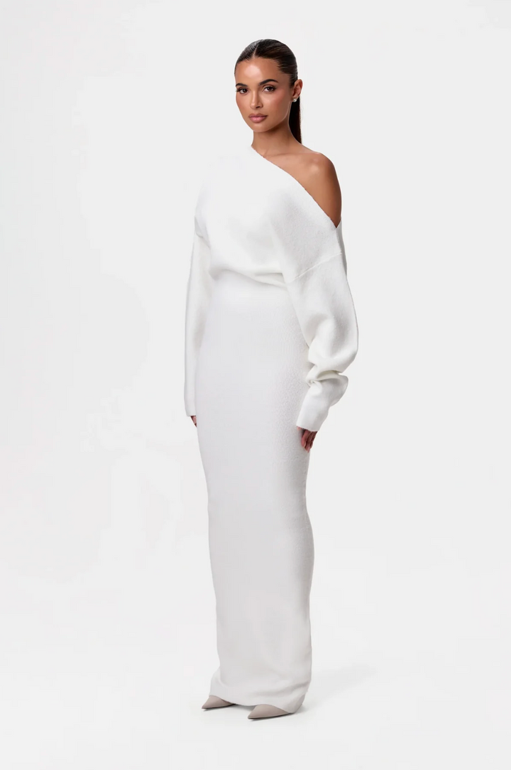 Damen Langärmliges Strick-Maxikleid mit Asymmetrischem Schulterausschnitt