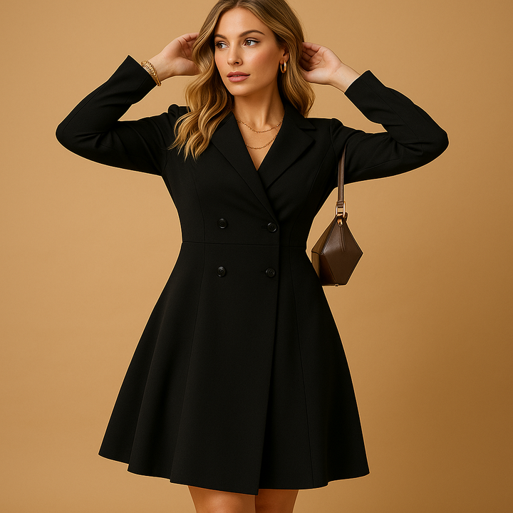 Damen Langarm Kleid mit Doppelreihe und Reverskragen-Mini Dress-Alpenkind