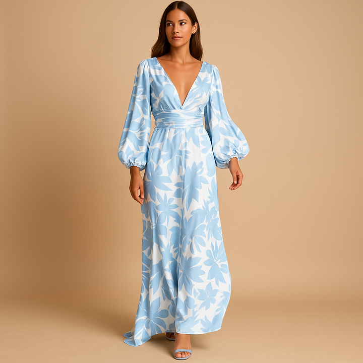 Damen Langarm Maxikleid mit V-Ausschnitt und geraffter Taille-Maxi Dress-Alpenkind