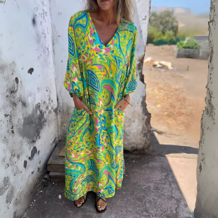 Damen Langarm Maxikleid mit V-Dekolleté und gemusterter Oberfläche