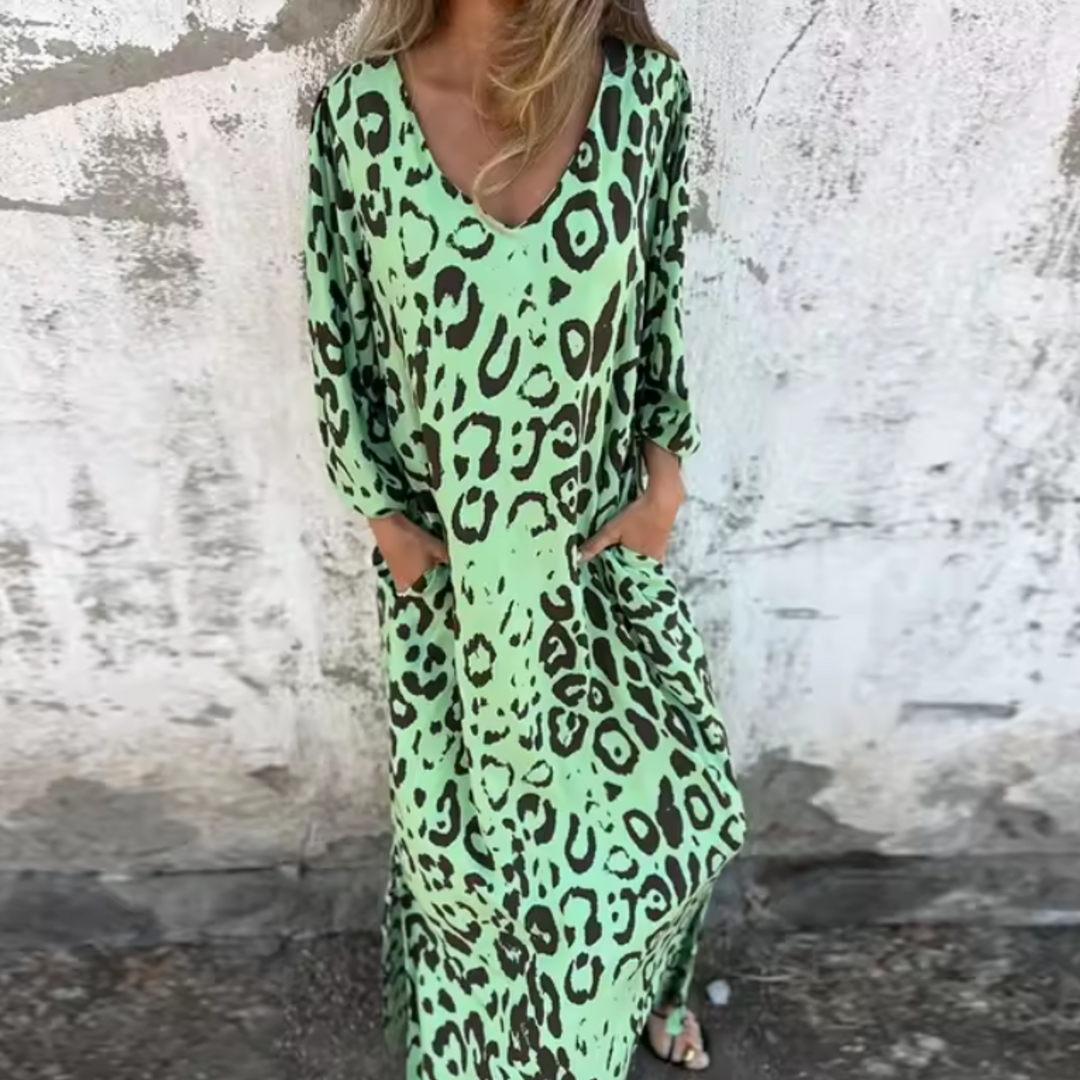 Damen Langarm Maxikleid mit V-Dekolleté und gemusterter Oberfläche