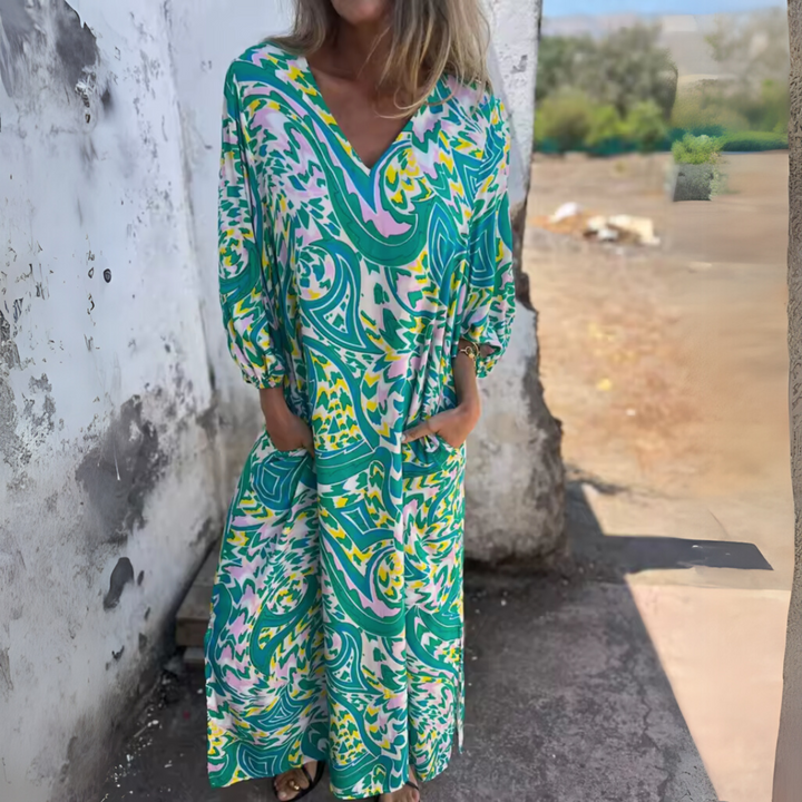 Damen Langarm Maxikleid mit V-Dekolleté und gemusterter Oberfläche