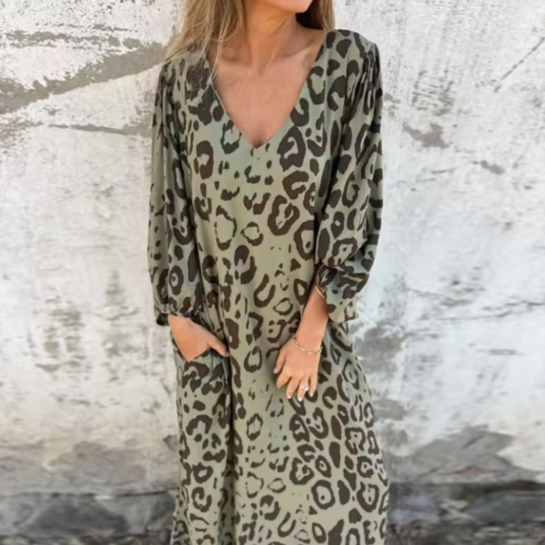 Damen Langarm Maxikleid mit V-Dekolleté und gemusterter Oberfläche