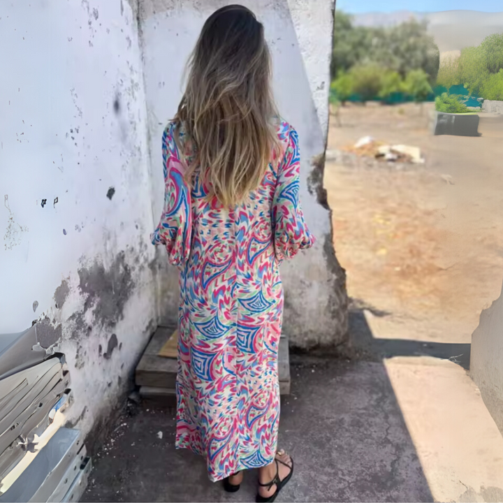Damen Langarm Maxikleid mit V-Dekolleté und gemusterter Oberfläche