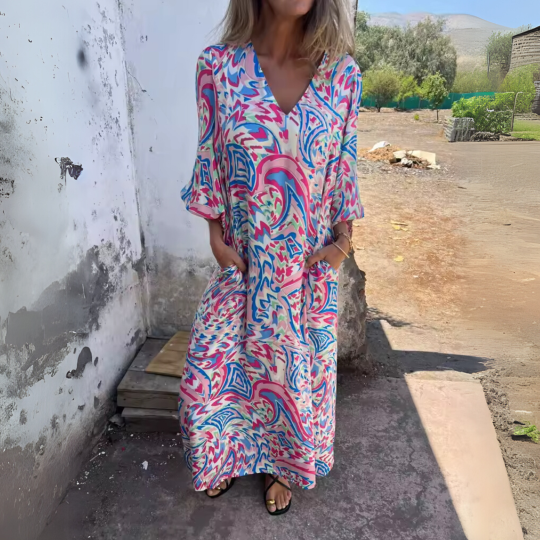 Damen Langarm Maxikleid mit V-Dekolleté und gemusterter Oberfläche