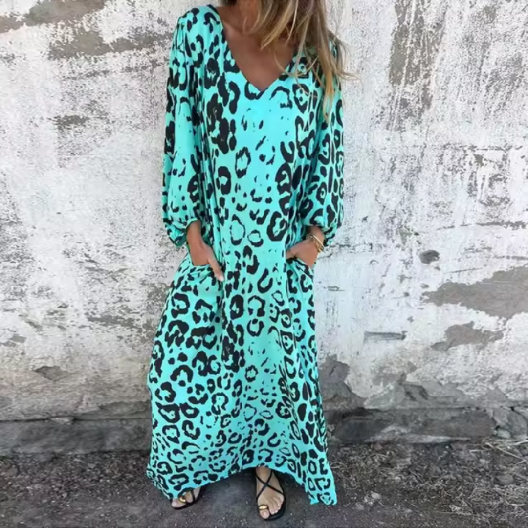 Damen Langarm Maxikleid mit V-Dekolleté und gemusterter Oberfläche