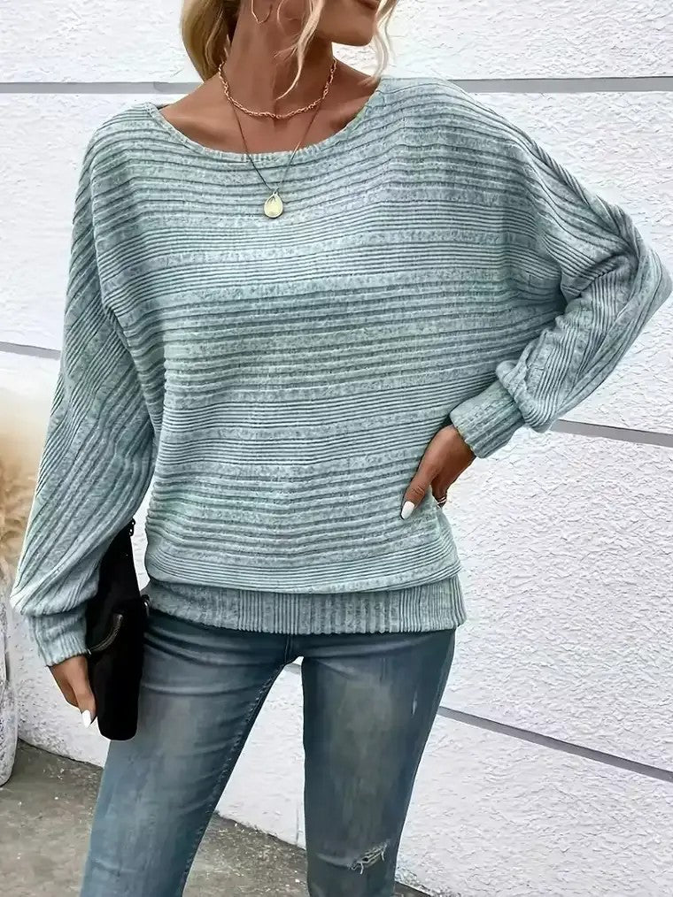 Damen Langarm Pullover mit Rundhalsausschnitt und Fledermausärmeln in horizontalen Streifen