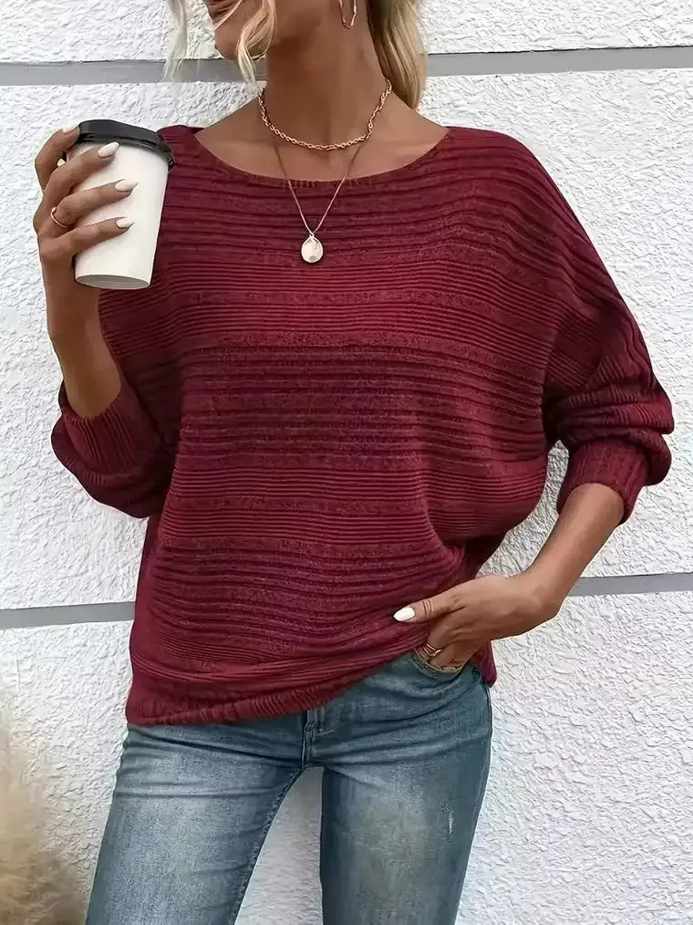 Damen Langarm Pullover mit Rundhalsausschnitt und Fledermausärmeln in horizontalen Streifen