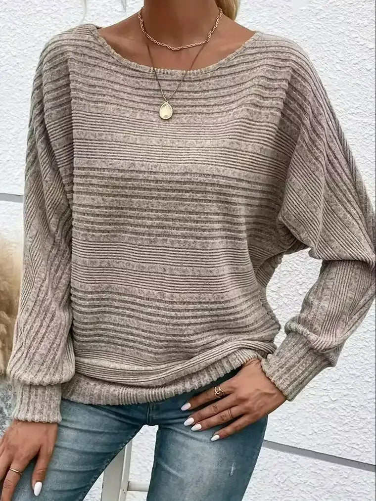 Damen Langarm Pullover mit Rundhalsausschnitt und Fledermausärmeln in horizontalen Streifen
