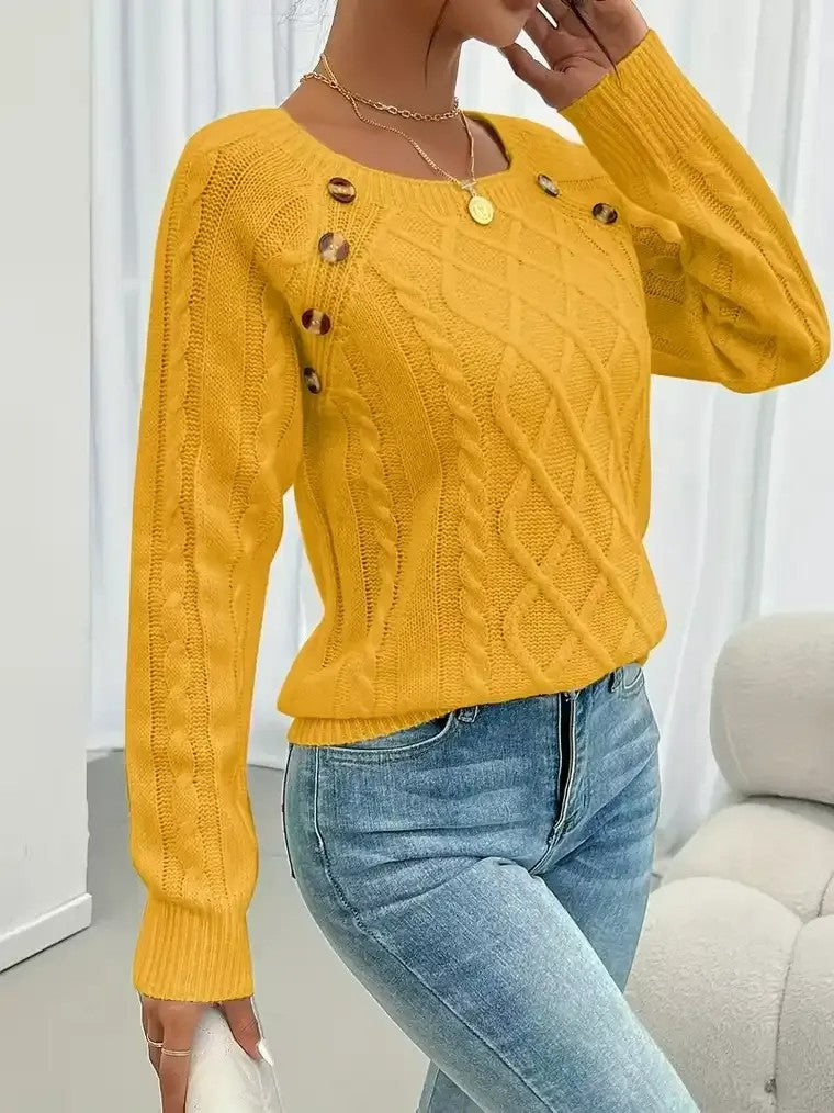 Damen Langarm Pullover mit Rundhalsausschnitt und Zopfmuster mit dekorativen Knöpfen