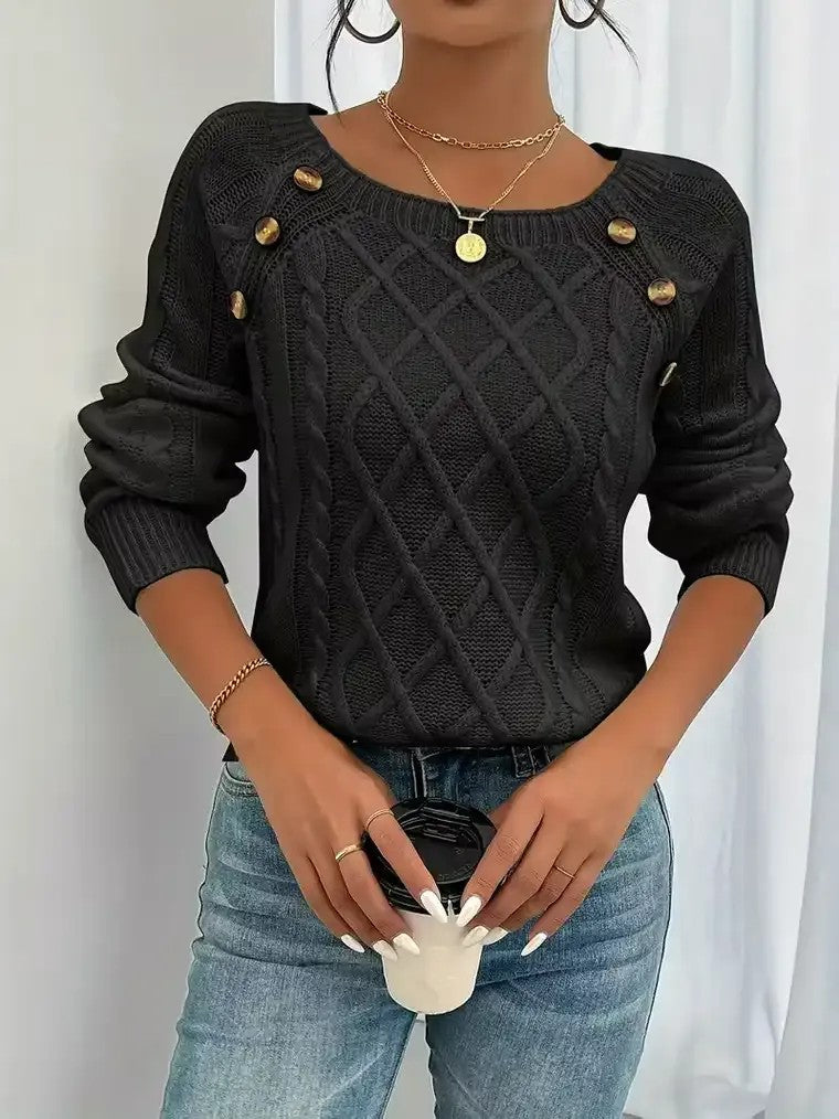 Damen Langarm Pullover mit Rundhalsausschnitt und Zopfmuster mit dekorativen Knöpfen