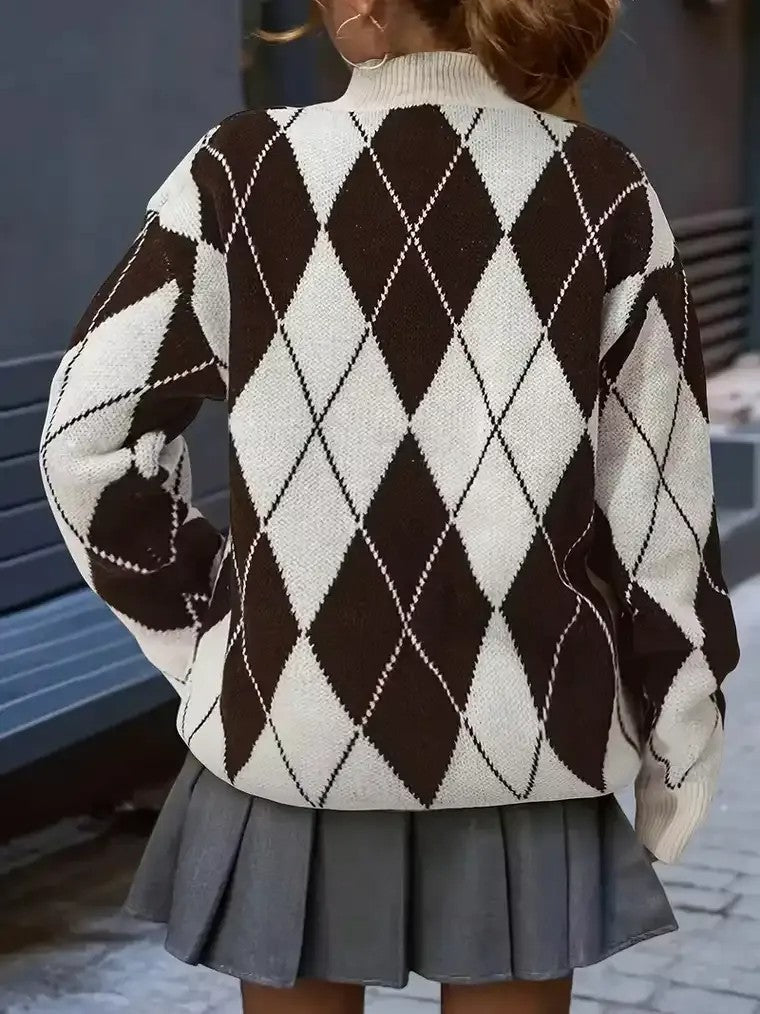 Damen Langarm Pullover mit Stehkragen und Rautenmuster