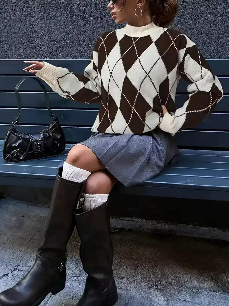 Damen Langarm Pullover mit Stehkragen und Rautenmuster