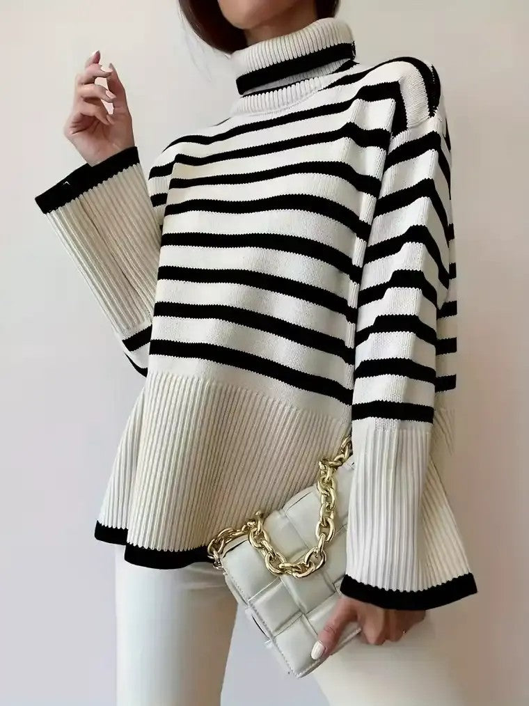 Damen Langarm Rollkragenpullover mit horizontalen Streifen in Schwarz und Weiß