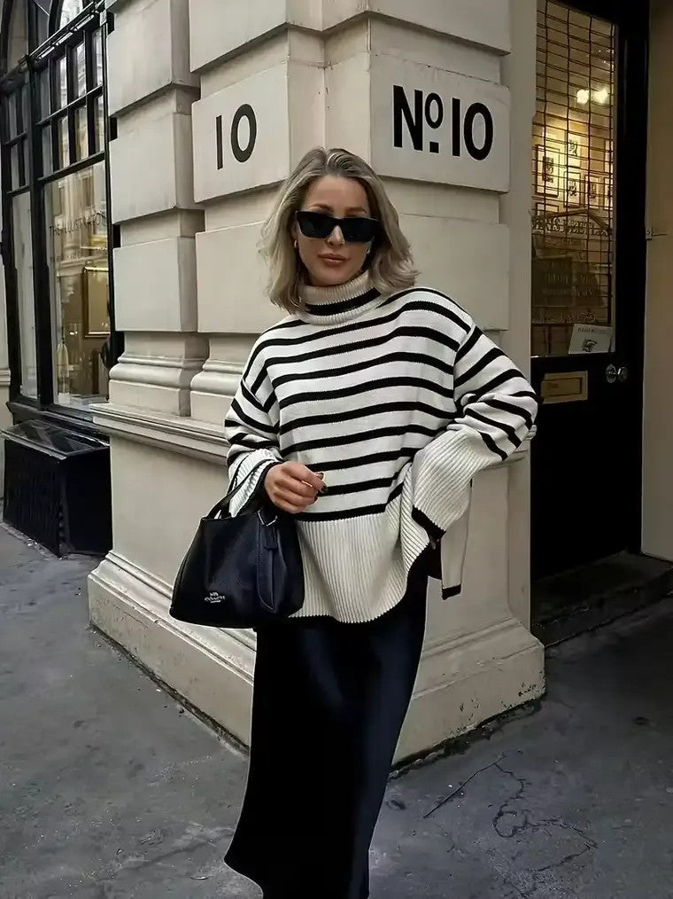 Damen Langarm Rollkragenpullover mit horizontalen Streifen in Schwarz und Weiß