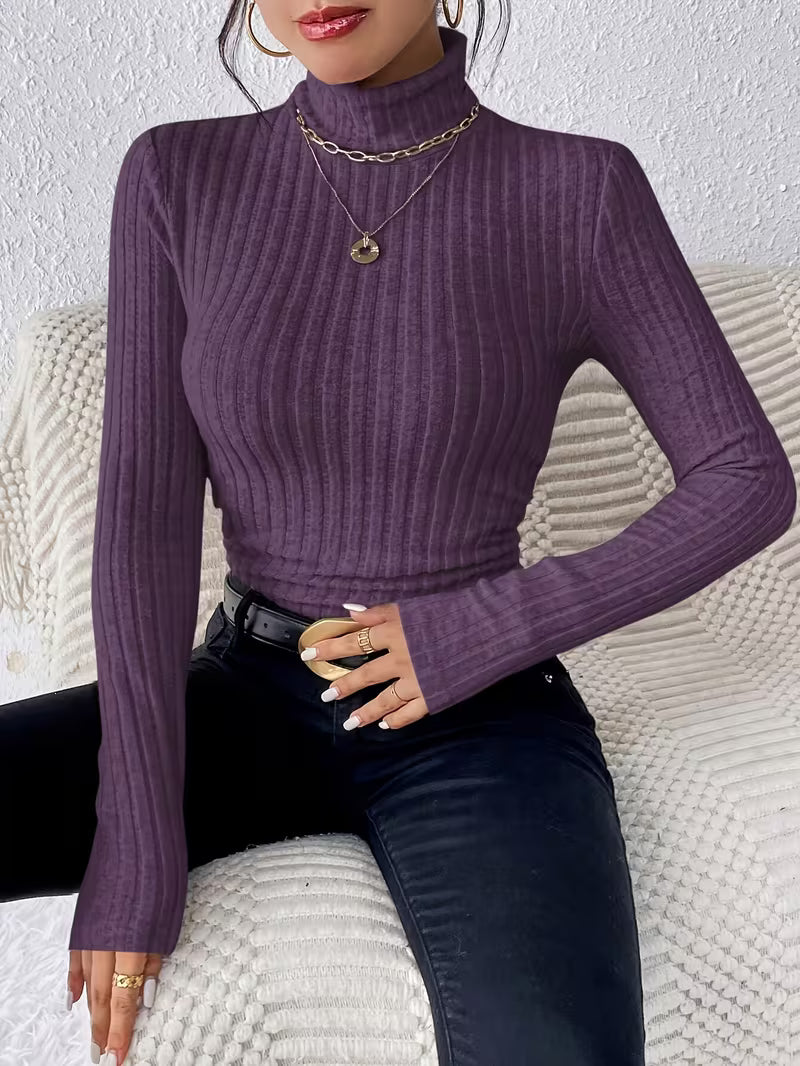 Damen Langarm Rollkragenpullover mit vertikalem Rippmuster