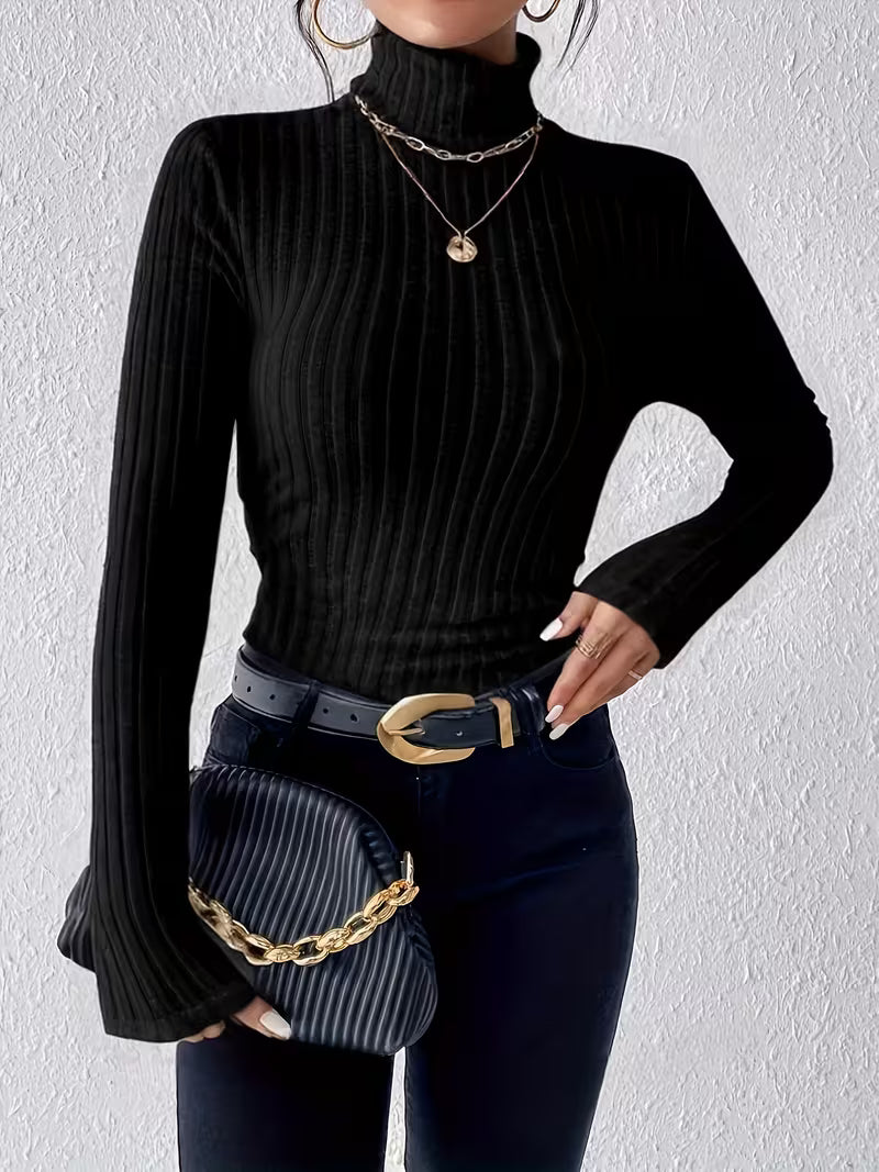 Damen Langarm Rollkragenpullover mit vertikalem Rippmuster