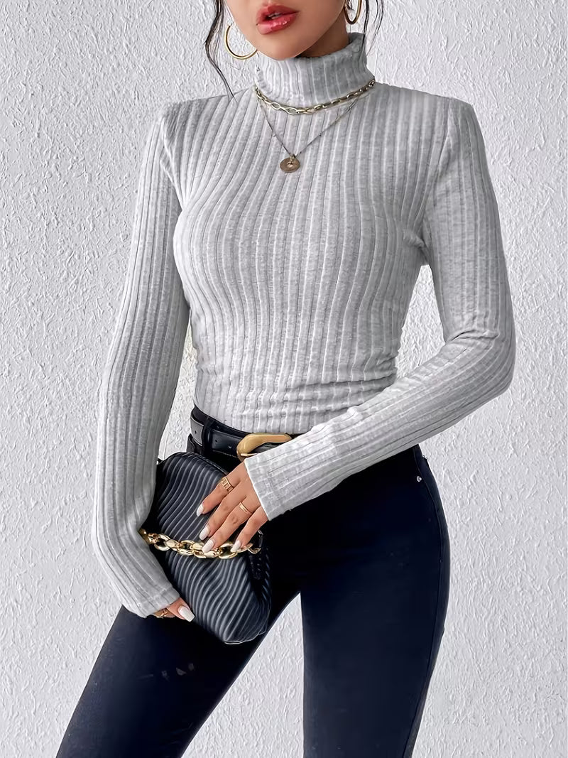 Damen Langarm Rollkragenpullover mit vertikalem Rippmuster