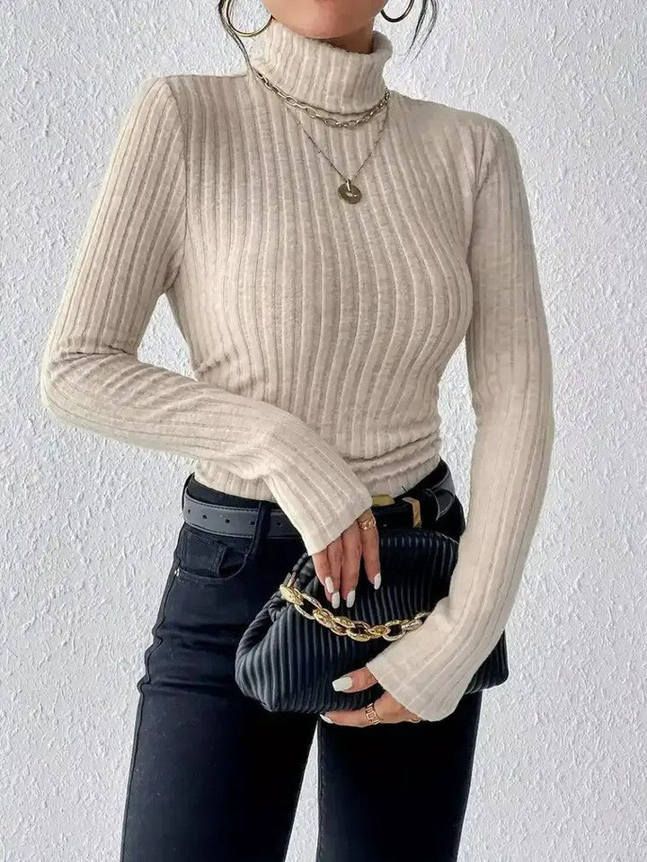 Damen Langarm Rollkragenpullover mit vertikalem Rippmuster