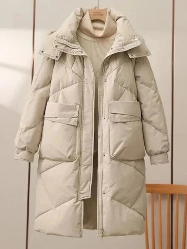 Damen Lange Steppjacke mit Stehkragen Verdecktem Reißverschluss Pattentaschen und Langen Ärmeln