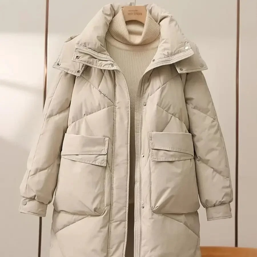 Damen Lange Steppjacke mit Stehkragen Verdecktem Reißverschluss Pattentaschen und Langen Ärmeln