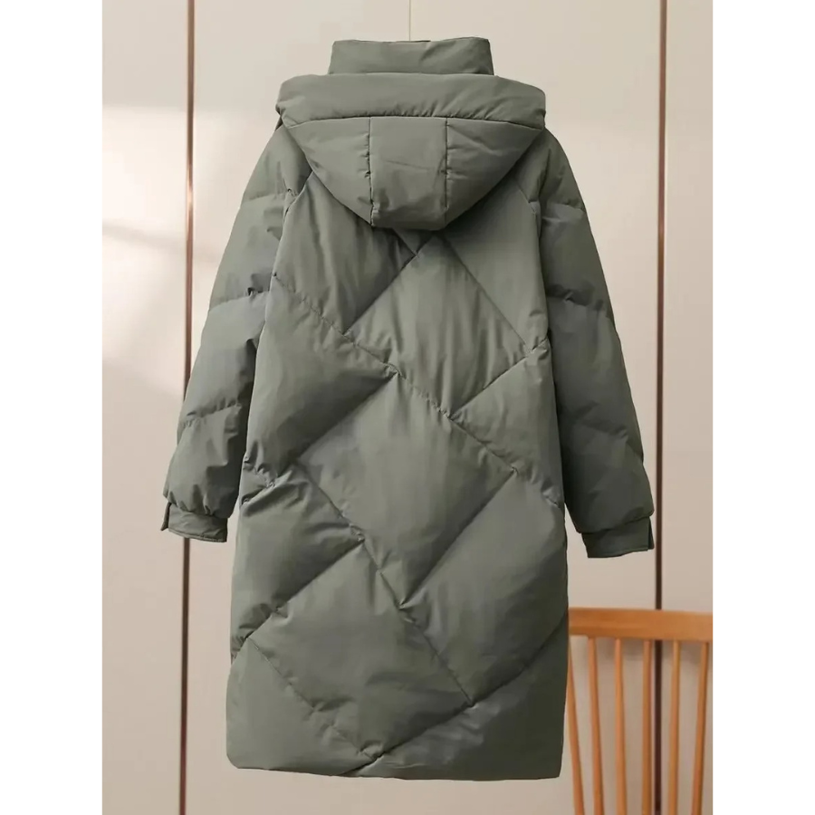 Damen Lange Steppjacke mit Stehkragen Verdecktem Reißverschluss Pattentaschen und Langen Ärmeln