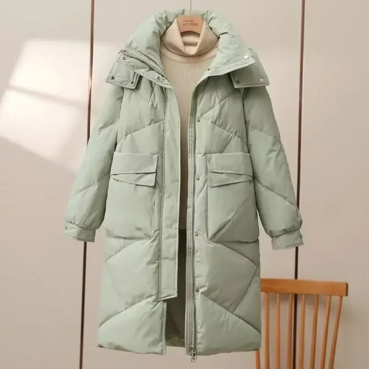 Damen Lange Steppjacke mit Stehkragen Verdecktem Reißverschluss Pattentaschen und Langen Ärmeln