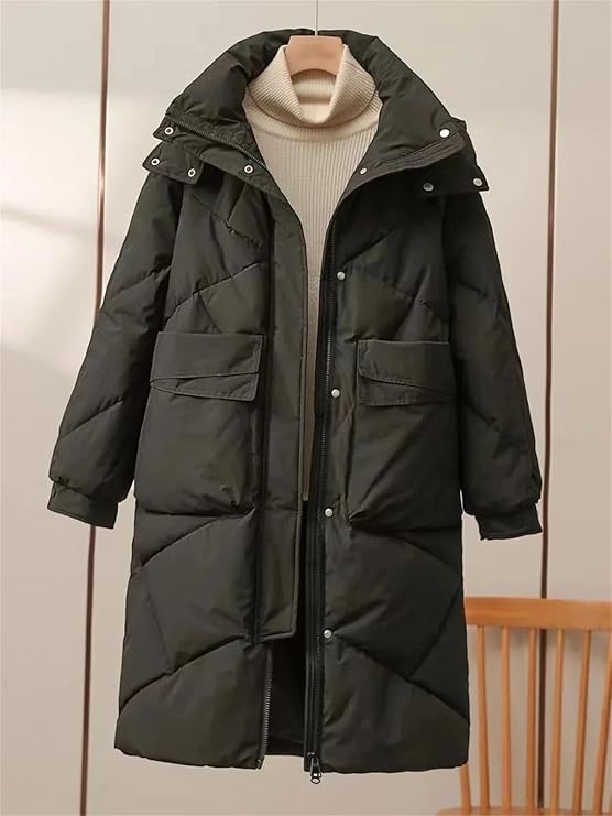 Damen Lange Steppjacke mit Stehkragen Verdecktem Reißverschluss Pattentaschen und Langen Ärmeln