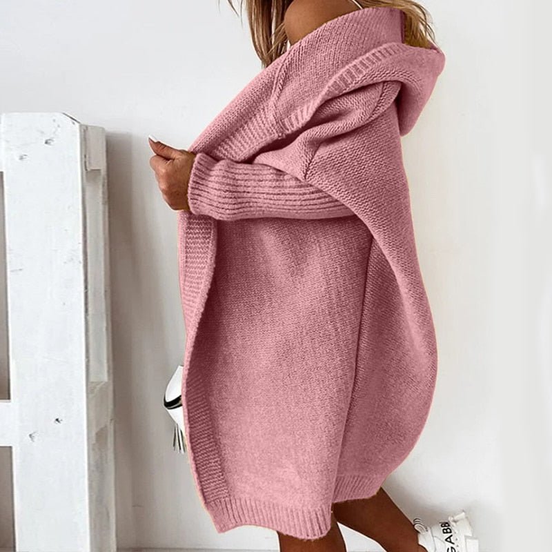 Damen lange Strickjacke mit Kapuze offener Front und strukturierten Bündchen