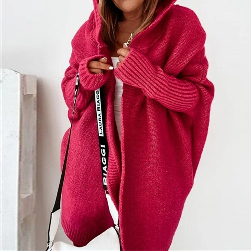 Damen lange Strickjacke mit Kapuze offener Front und strukturierten Bündchen