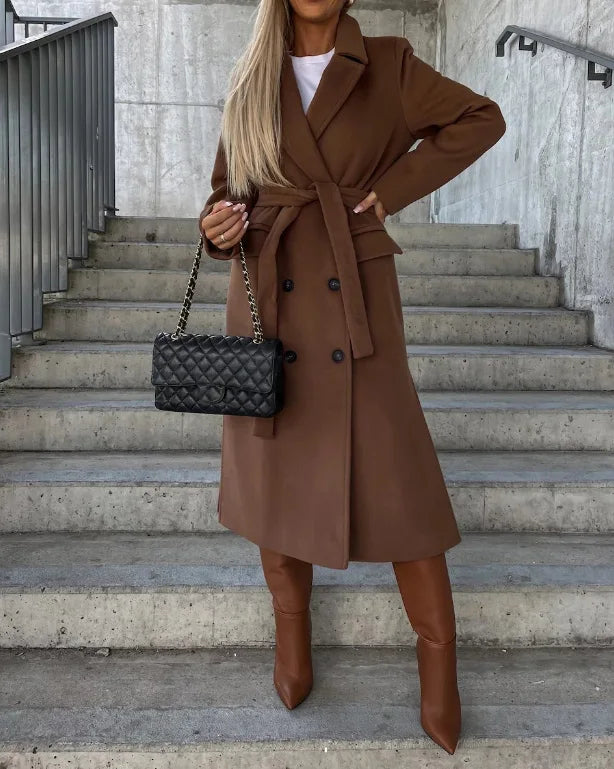 Damen Langer Mantel mit Doppelter Knopfreihe und Reverskragen